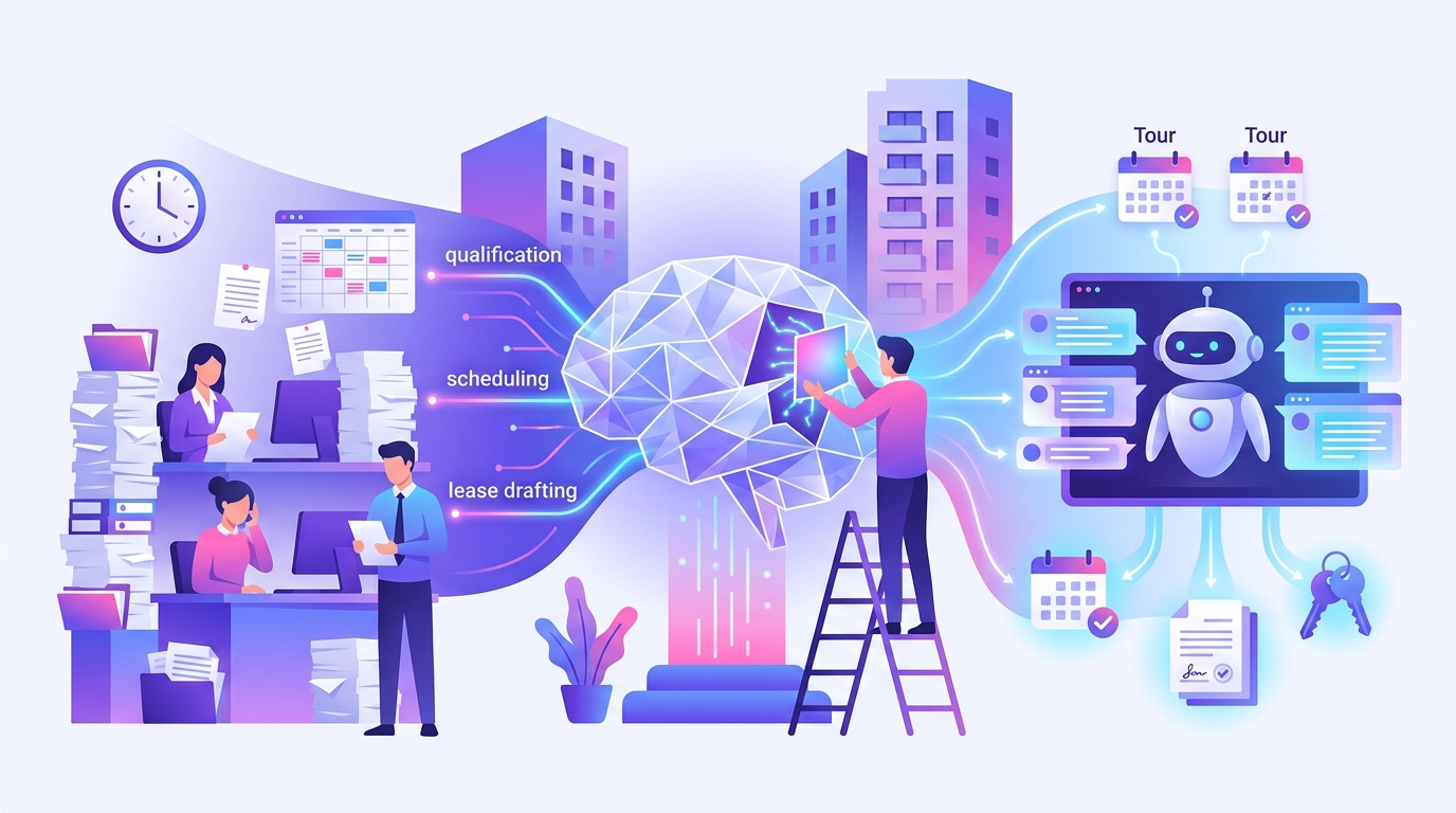 diagram showing how an AI leasing agent connects to property management systems and tenant screening APIs
